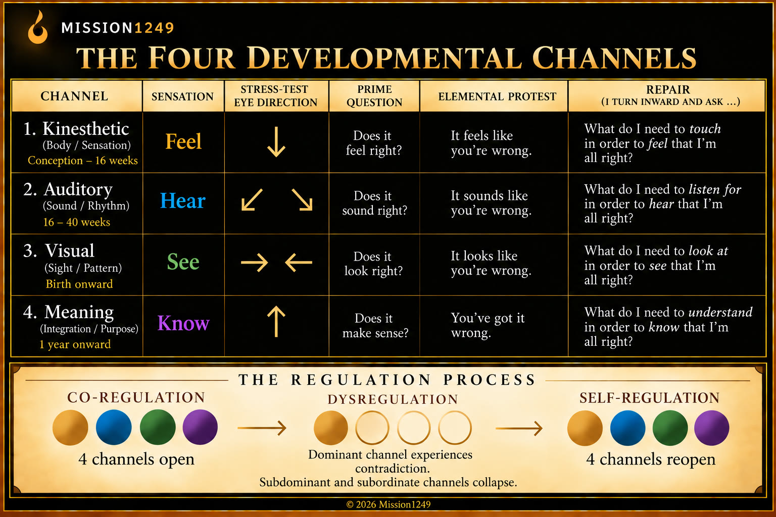 The Four Developmental Channels map: Kinesthetic, Auditory, Visual and Meaning, with the regulation process from co-regulation to self-regulation
